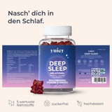 Produktbild der Yuicy Deep Sleep Vitamin Gummies mit Gummibärchen in einer Dose, Claim "Nasch' dich in den Schlaf". Enthält Hinweise auf Inhaltsstoffe wie Melatonin, Baldrian, Lavendel und Melisse sowie Icons für „zuckerfrei“, „hochdosiert“ und „5 wertvolle Nährstoffe“.
