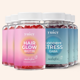 6 yuicy® Dosen im Set. Drei Dosen Hair Glow Biotin Gummies für Haargesundheit und drei Dosen Goodbye Stress Gummies mit GABA und L-Theanin zur Unterstützung bei Stress.