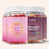 4 yuicy® Dosen im Set. Hair Glow Biotin Gummies für Haargesundheit und Woman's Multivitamin Gummies mit Folsäure und Vitamin D3