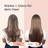 Vorher-Nachher Bild von den Haaren einer Frau. Text im Bild: "Stärke & Glanz für dein Haar. Tag 1 und Tag 63.