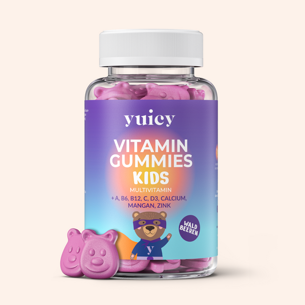 Bunte yuicy® Dose mit fruchtigem Multivitamin für Kinder in Gummibärchen-Form